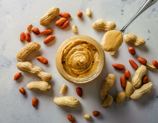 jar of peanut paste with a spoon and nuts