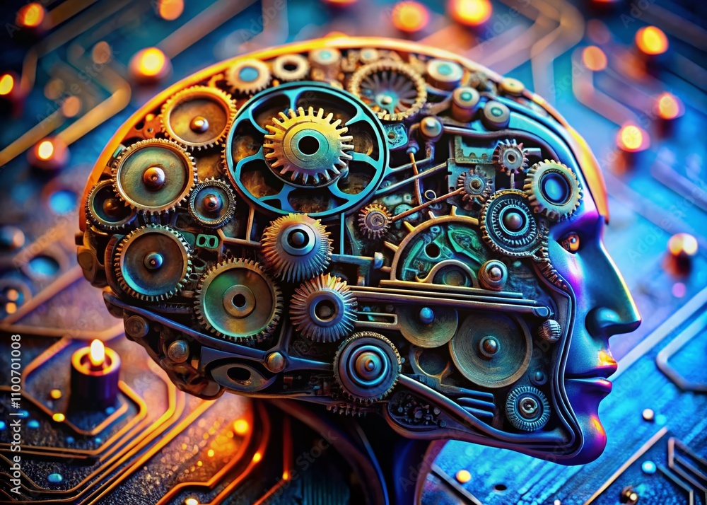 Poster macro photography of a complex mechanical mind exhibiting intricate gears, circuitry, and thought pa