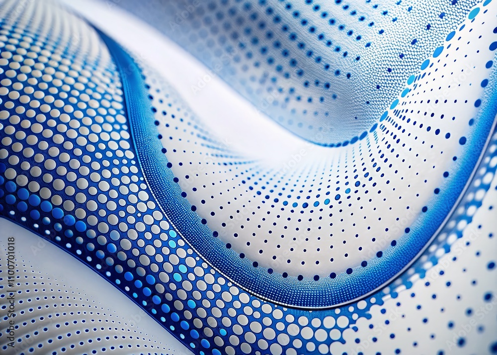 Poster macro photography of a curving blue line with dots on a white background, showcasing abstract patter