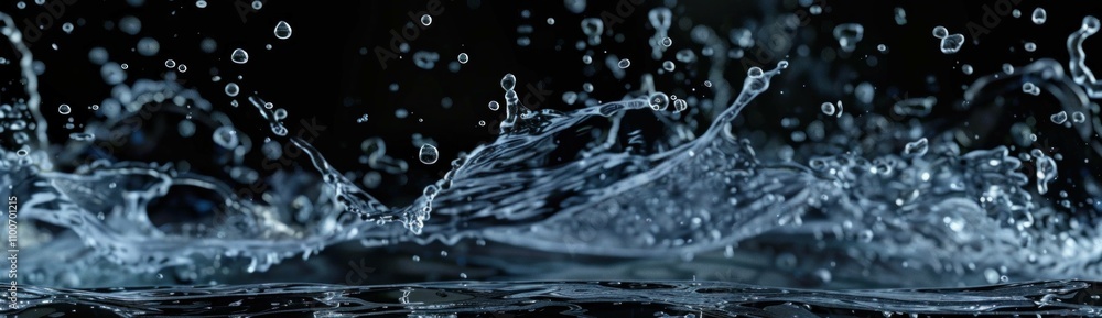 Poster clear water splashes creating dynamic patterns against a black background, conveying freshness and f