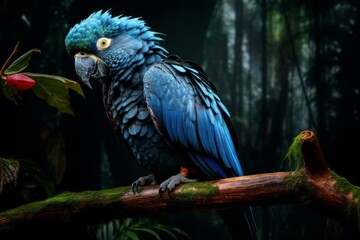 Obraz premium Hyperrealistic Parrot with Vivid Blue Color in Rainforest Depths