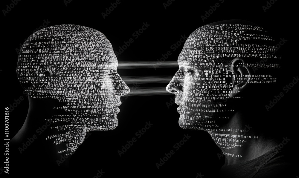 Poster digital interaction between two human-like figures, binary code representation, intense gaze, techno
