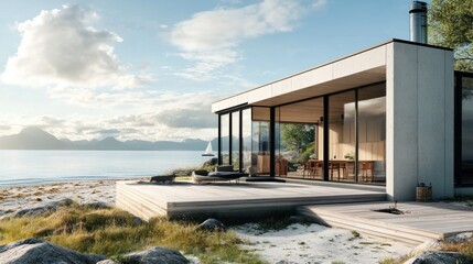 Obraz premium House with modern seaside architecture, glass facade, and cozy deck overlooking the beach