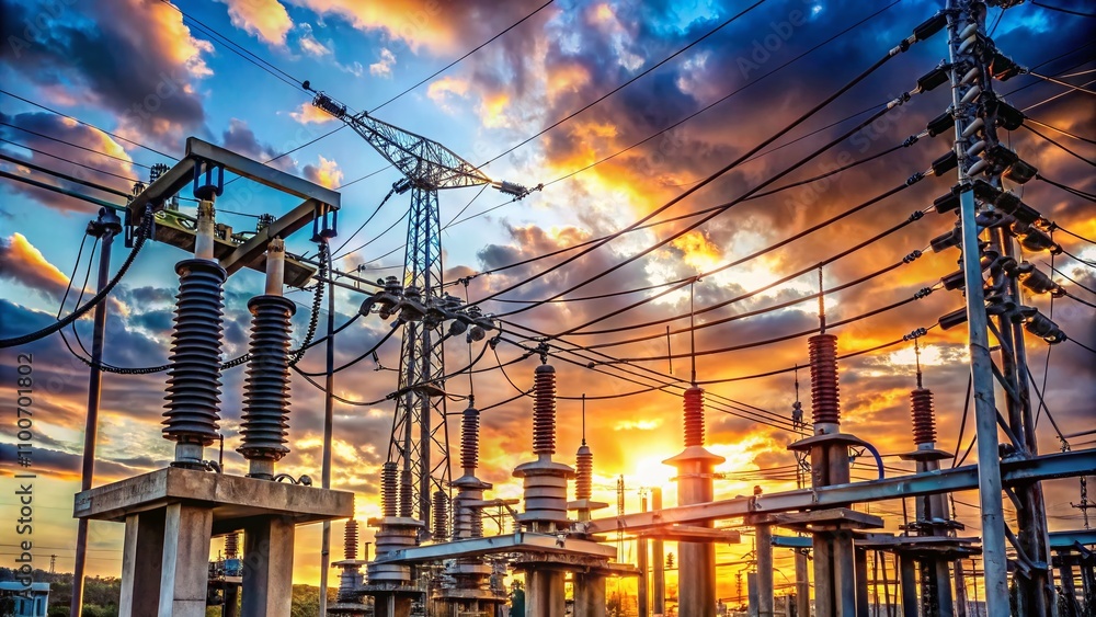 Poster macro photography of electrical grid distribution infrastructure with utility poles and overhead pow