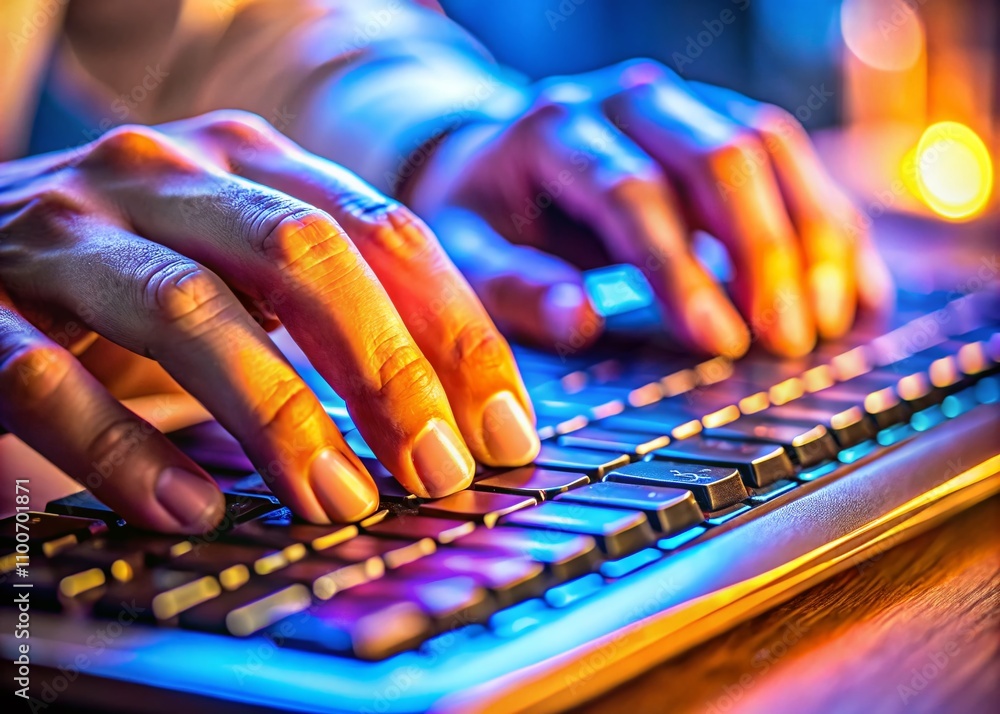 Poster macro photography of hands on a keyboard, focusing on fingers typing with a blurry background, empha