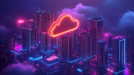Neon cityscape with glowing cloud symbol representing data storage and connectivity.