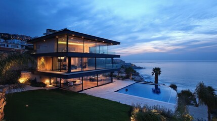 Obraz premium Luxurious seaside residence with glass architecture, spacious balconies, and sea views