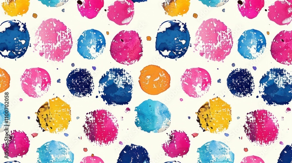 Poster colorful abstract pattern with vibrant watercolor circles in various sizes, creating a playful and a