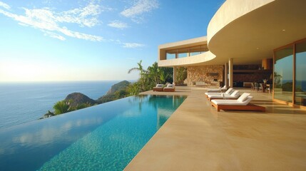Fototapeta premium Luxury seaside home with infinity pool, modern design, and panoramic ocean view