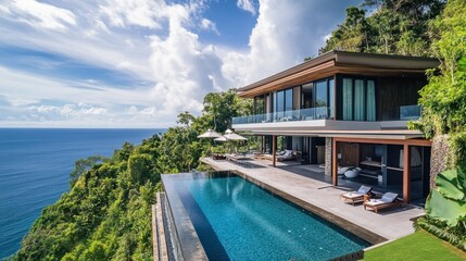 Fototapeta premium Luxury seaside home with infinity pool, modern design, and panoramic ocean view