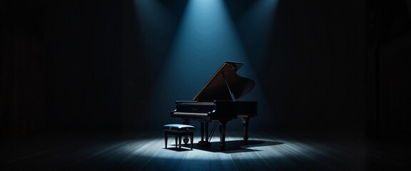 Grand piano in spotlight on dark stage, musical performance