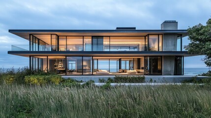 Obraz premium Modern beachfront house with sleek glass walls, overlooking the ocean, minimalist landscaping