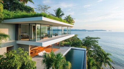 Fototapeta premium Modern beachside home with rooftop garden, glass windows, and stunning sea view