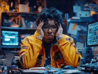 Exasperated software engineer rubbing forehead, messy desk with cables and gadgets, computer screen flashing error, isolated office background, space for IT crisis theme