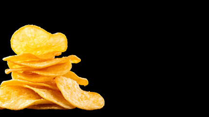 Crispy Golden Potato Chips Stacked on a Black Background