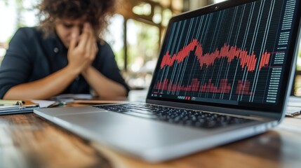 Irritated analyst reviewing failed data model on laptop, messy desk with coding scripts and charts, office background, copy space for predictive analytics and problemsolving