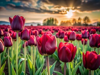 Majestic Dark Red Tulip Flower Field with Striking Silhouette Effect at Dusk, Capturing the Essence of Nature's Beauty in Vibrant Colors and Serenity