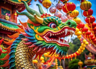 Fototapeta premium Majestic Dragon Face Illustration Celebrating Chinese New Year with Vibrant Colors, Cultural Symbols, and Festive Atmosphere in a Stunning Landscape Background