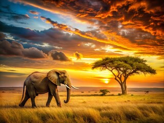 Majestic Elephant Walking Through the Savannah at Sunset with a Golden Sky Illuminating the Landscape and Creating a Breathtaking Natural Scene for Wildlife Photography