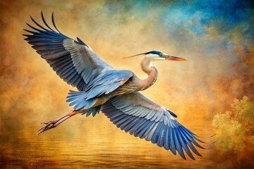 Fototapeta premium Majestic Great Blue Heron in Mid-Flight with Wings Fully Extended, Captured in Vintage Style Photography, Perfect for Wildlife Enthusiasts and Nature Lovers