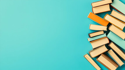 Fototapeta premium Colorful Hardbound Books Stacked on a Vibrant Blue Background