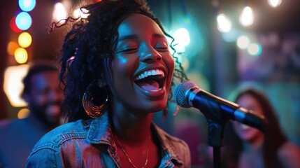A joyful person singing at a karaoke night, surrounded by friends and laughter.