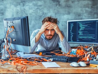 Exasperated software engineer rubbing forehead, messy desk with cables and gadgets, computer screen flashing error, isolated office background, space for IT crisis theme
