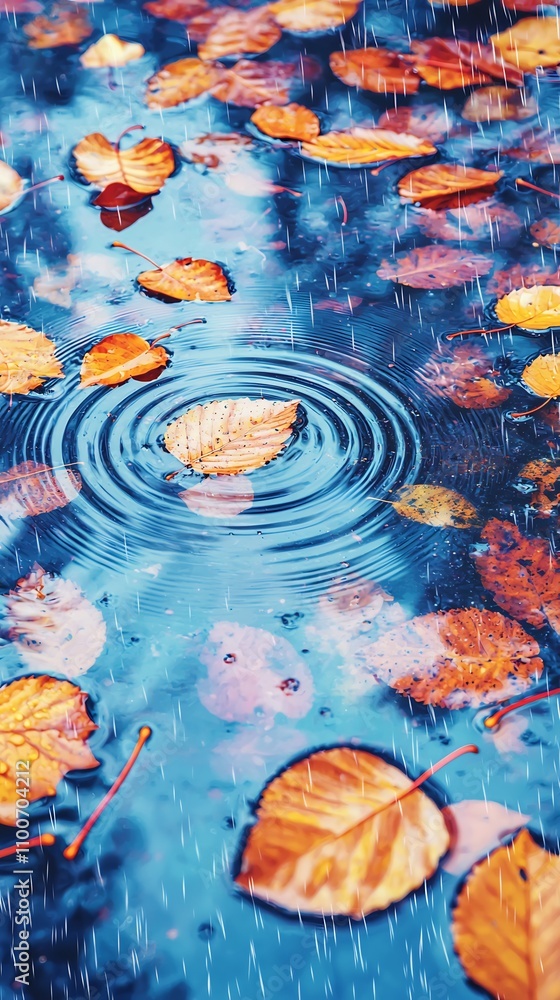 Aufkleber vibrant colorful autumn leaves floating on the surface of a tranquil rainy pond creating a serene an