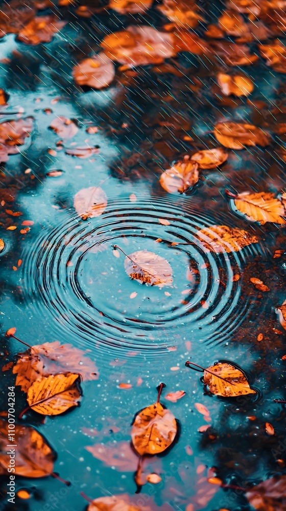 Aufkleber serene autumn scene with raindrops creating mesmerizing ripple patterns on the tranquil surface of a