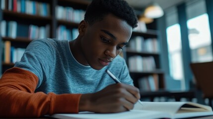 Obraz premium Hardworking student writing in a notebook during study time