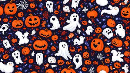 Fototapeta premium Colorful Halloween Patterns with Pumpkins, Ghosts, and Spiders