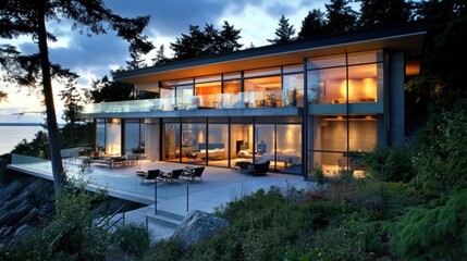 Fototapeta premium Sleek oceanfront house with large glass panels, stylish terrace, and sea-facing views