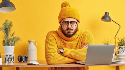 Irritated programmer sitting with crossed arms, laptop open showing broken code, tech gadgets around, professional office setting, copy space for tech support solutions