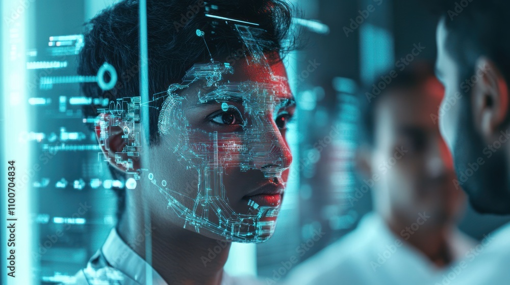 Poster indian people using ai-driven tools for innovation in tech and healthcare, isolated for a high-tech 