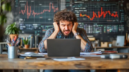 Irritated analyst reviewing failed data model on laptop, messy desk with coding scripts and charts, office background, copy space for predictive analytics and problemsolving