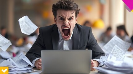 Angry accountant pacing in frustration, laptop displaying incorrect tax calculations, messy desk with financial documents, copy space for tax preparation problems
