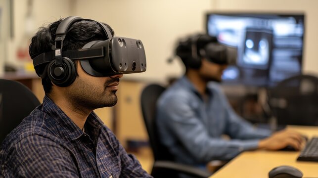 Indian professionals in a virtual reality (VR) collaborative workspace for global projects, futuristic and isolated