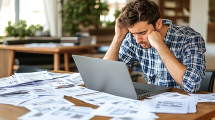Angry accountant pacing in frustration, laptop displaying incorrect tax calculations, messy desk with financial documents, copy space for tax preparation problems