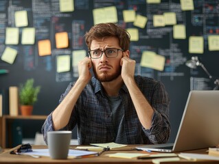 Frustrated web developer staring at broken code on screen, messy desk with coffee cup and scattered notes, modern office space, copy space for coding challenges and web issues