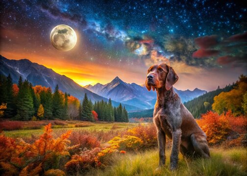 Majestic Pudelpointer Hunting Dog in Autumn Mountain Meadow Waiting for Command During Night Photography Session