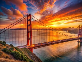 Fototapeta premium Majestic Silhouette of the Golden Gate Bridge at Sunset with a Panoramic View of San Francisco's Skyline and Bay, Perfect for Landscape and Travel Photography Enthusiasts