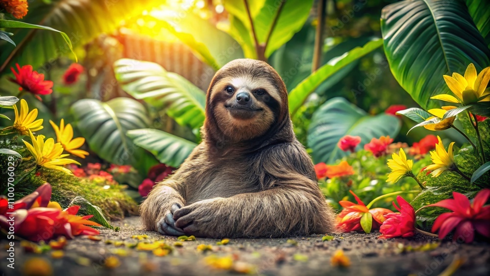Poster majestic three-toed sloth resting on the ground in lush tropical environment with ample copy space f