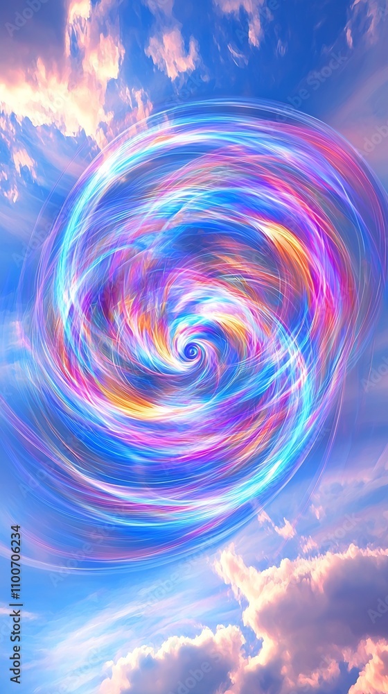 Poster captivating abstract digital artwork featuring a vibrant swirling vortex of ethereal celestial color