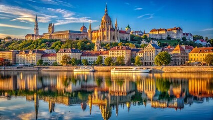 Naklejka premium Majestic View Across the River Danube Towards the Historic Fisherman's Bastion with Scenic Cityscape and Architectural Wonders in the Background