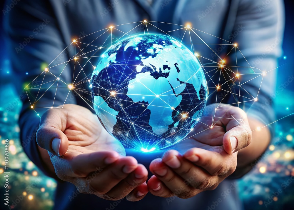Aufkleber man's hands holding blue earth representing global networking, connectivity, and data exchange in a 