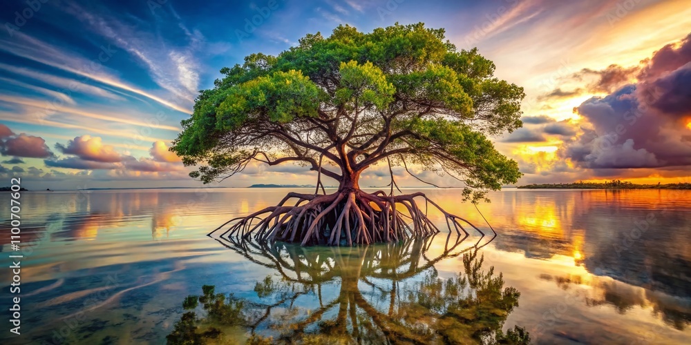 Poster mesmerizing double exposure: mangrove tree intertwined with roots in artistic design, capturing natu