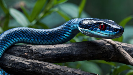 A blue snake with red eyes is on a branch. The snake is curled up and he is resting