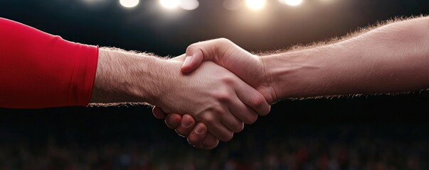 Two hands from different individuals shake in a sports setting, symbolizing unity, sportsmanship, and collaboration under bright arena lights.
