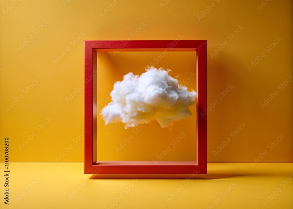 Poster minimalist 3d render of a white fluffy cloud floating through a rectangular red frame in a bright ye