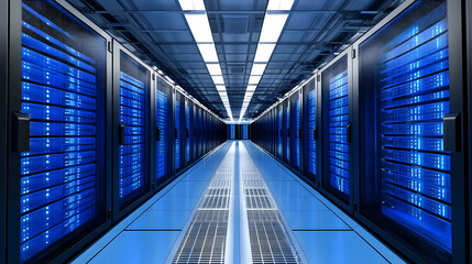 Fototapeta premium High-Tech Data Center Corridor with Blue Lights and Modern Servers